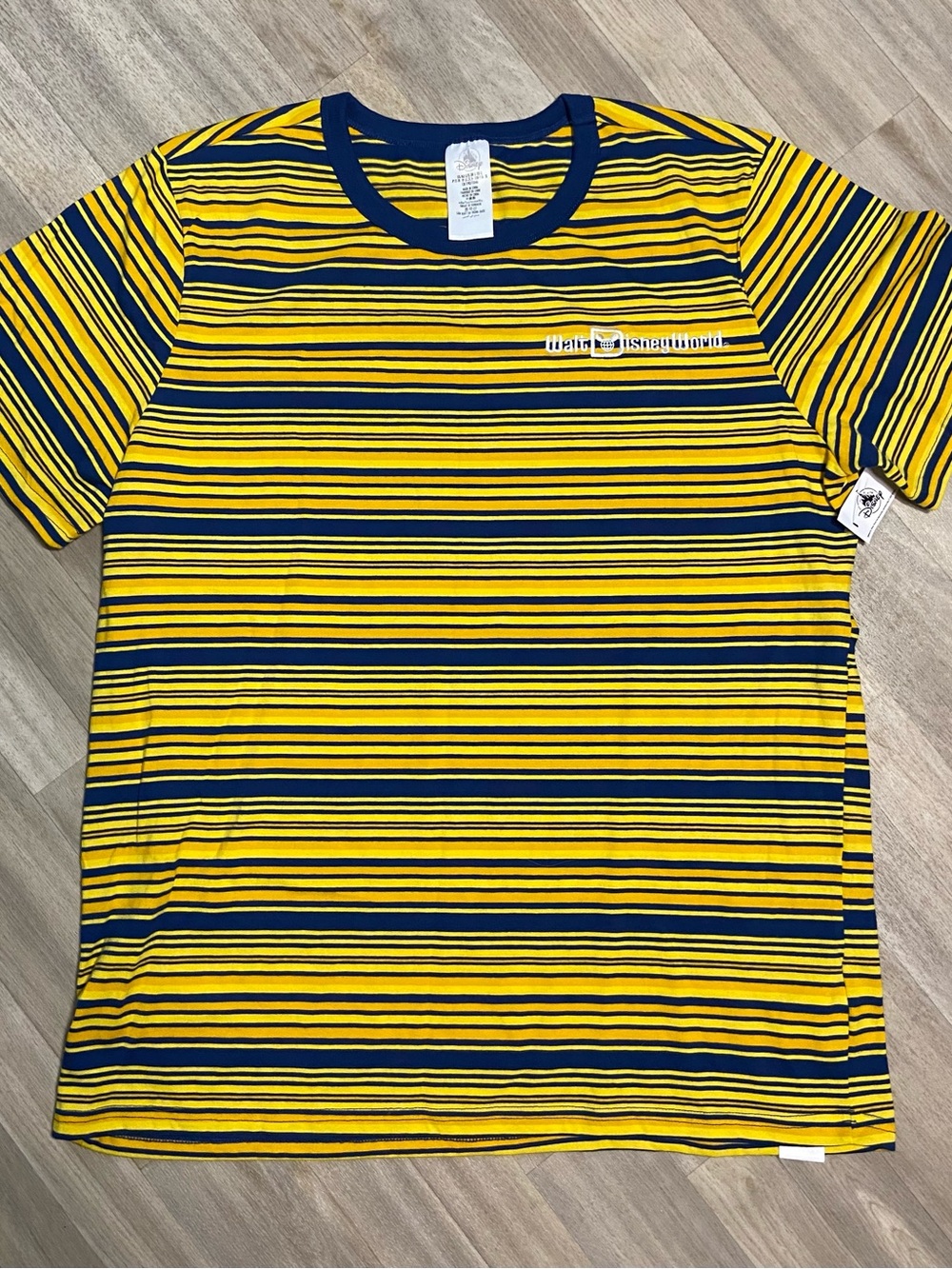 Disney World Striped Retro Tee Shirt Yellow Navy Blue Embroidered Logo Men's L